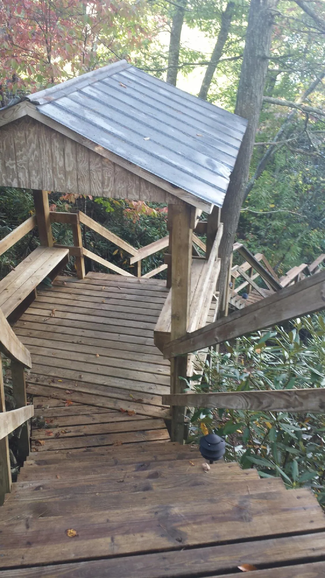 Metal roofed shelter over wooden steps on a wooded walkway — Skylight Repair & Installation work by our crew in Linden